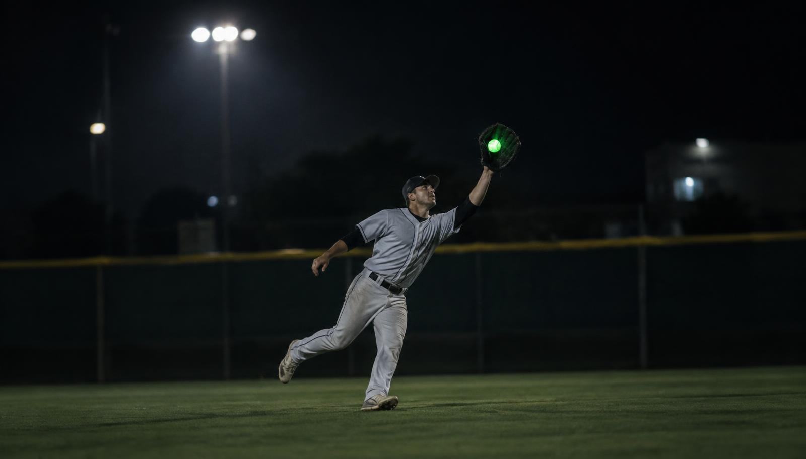 Player catching a glowing baseball at night